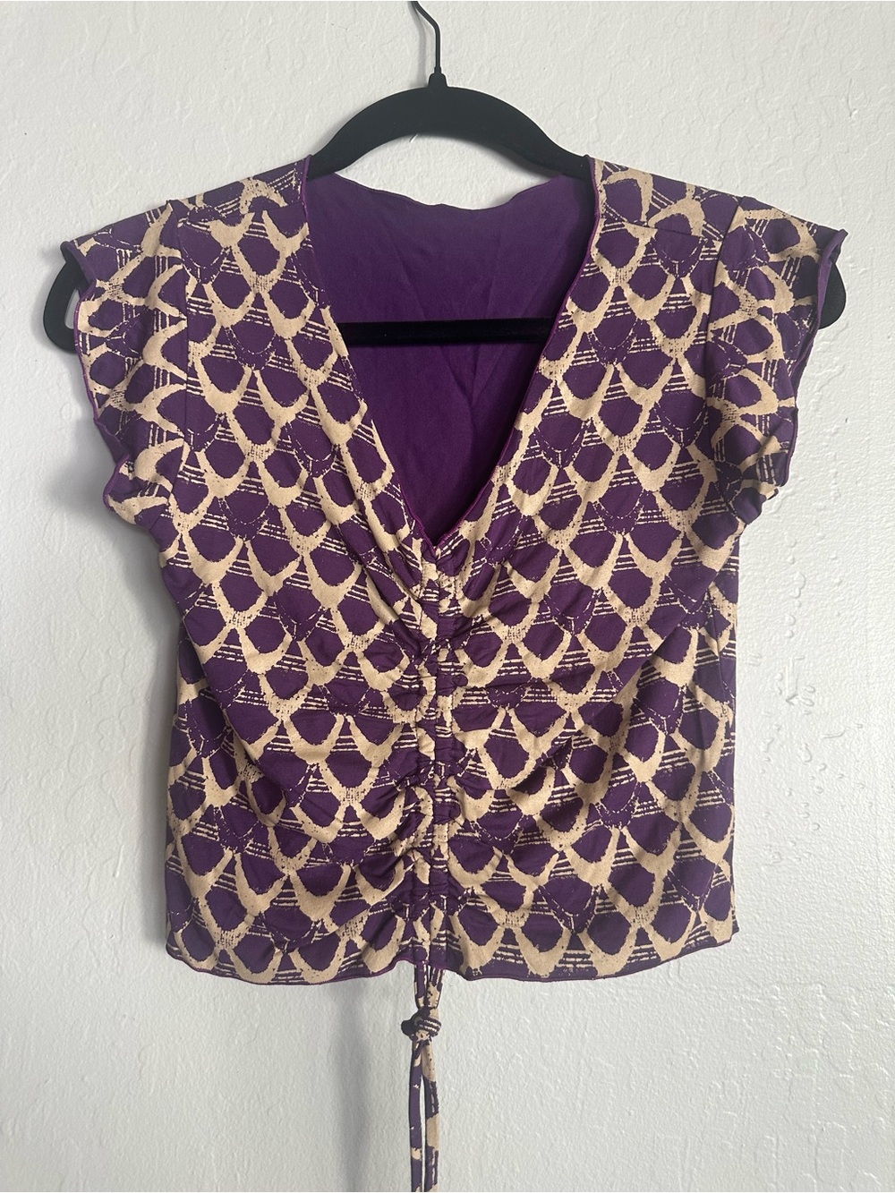 Purple Patterned Drawstring V-Neck Top